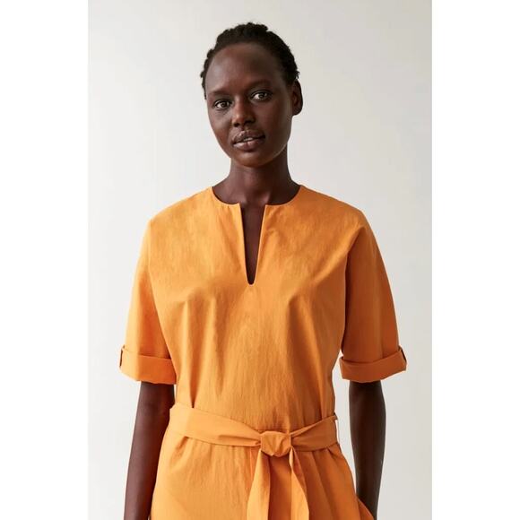 COS 4 Open V-Neck Wide Leg Jumpsuit Tie Waist 100% Cotton Short Sleeve Orange - Picture 5 of 13